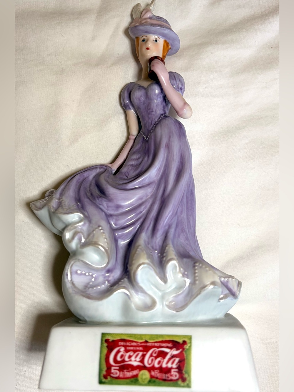 Vintage 2000 Coca-Cola Victorian Lady Figurine Purple Dress 5¢ Sign Collectible